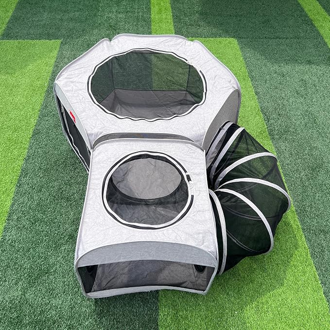 Portable Dog Playpen 2-Room with Tunnel, 3-in-1 Large Cat Crate Play Enclosure with Separate Areas, Foldable Pet Playpen for Puppy Kitten and Small Animals Indoor Outdoor