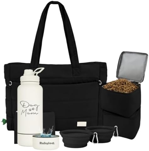Rubyloo Dog Mom Essentials Bundle - Puffer Tote with Storage Containers (Black) and 32 oz Water Bottle with Detachable Bowl (Dog Mom) - Travel Bag and Hydration Set