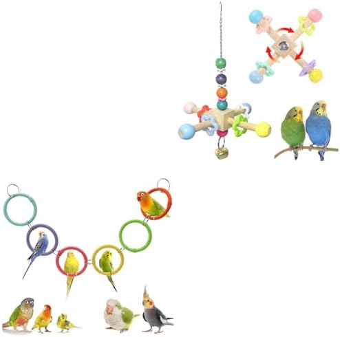 2PCS Natural Wood Bird Spinner Toys & 6-Ring Swing Set - Chewing Hanging Toys with Bells & Cotton Rope Swing for Cockatiel, Conure, Lovebird, Budgie, Quaker