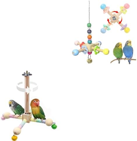 2PCS Natural Wood Bird Spinner Toys & Spinning Perch Set (Size S) - Chewing Hanging Toys with Bells for Cockatiel, Conure, Lovebird, Budgie, Quaker