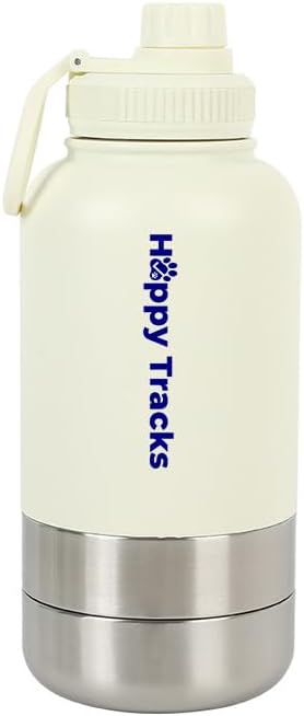 Happy Tracks 32oz Insulated Dog Travel Water Bottle & Feeder – 3-in-1 Stainless Steel Pet Kit with Detachable Food & Water Bowls – Leak-Proof, Keeps Water Cold Up to 12 Hours (Ivory Whie)