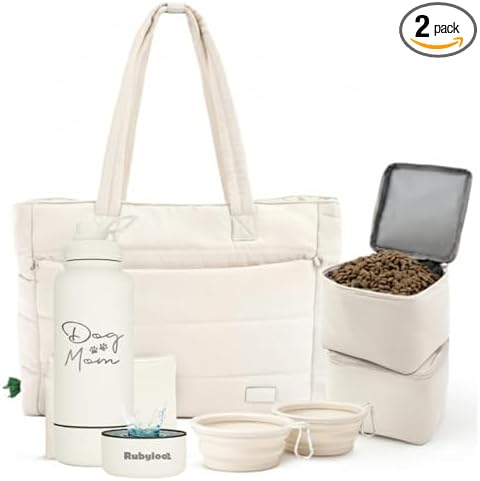 Rubyloo Dog Mom Essentials Bundle - Puffer Tote with Storage Containers (Beige) and 32 oz Water Bottle with Detachable Bowl (Dog Mom) - Travel Bag and Hydration Set