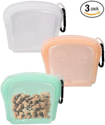 MODERN-X SnapPack Dog Treat Bag, 3-Pack Reusable Silicone Bags, Dog Treat Pouches, for Cats, Dish Washer Safe, Leakproof, Microwave & Freezer Safe, BPA-Free, Plastic Free Silicone, Multi-Color Trio