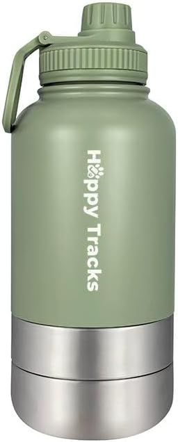 Happy Tracks 32oz Insulated Dog Travel Water Bottle & Feeder – 3-in-1 Stainless Steel Pet Kit with Detachable Food & Water Bowls – Leak-Proof, Keeps Water Cold Up to 12 Hours – SG