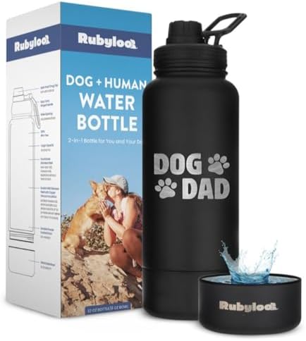 Rubyloo The Original Doggy Bag Backpack (Dark Grey) & 32oz Insulated Water Bottle with Attached 8oz Bowl (Dog Dad) - Dog Travel Backpack & Hydration Set