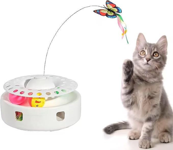 Cat Toys - 3 in 1 Interactive Automatic Kitten Toy, Fluttering Butterfly, Mobile Ambush Feather, Ball Track, Dual Power Sources, USB Powered, for Exercise, white