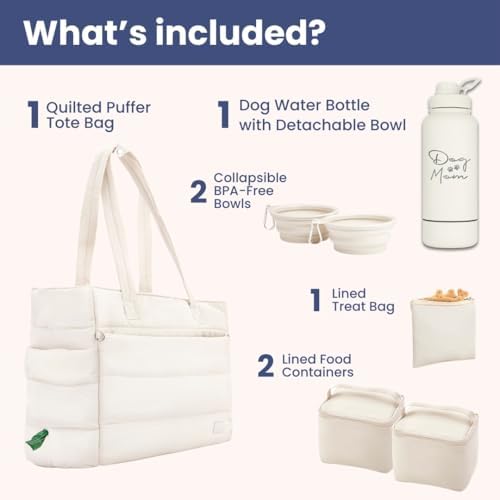 Rubyloo Dog Mom Essentials Bundle - Puffer Tote with Storage Containers (Beige) and 32 oz Water Bottle with Detachable Bowl (Dog Mom) - Travel Bag and Hydration Set