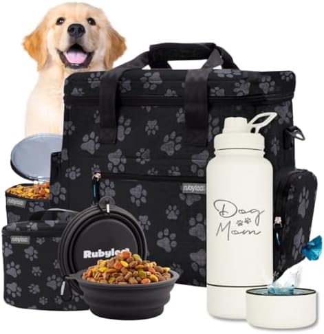 Rubyloo Original Doggy Bag (Paw Print) & 32oz Insulated Water Bottle with Attached 8oz Bowl (Dog Mom) – Dog Travel Bag & Hydration Set