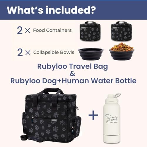 Rubyloo Original Doggy Bag (Paw Print) & 32oz Insulated Water Bottle with Attached 8oz Bowl (Dog Mom) – Dog Travel Bag & Hydration Set