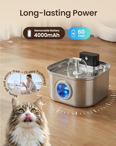 Cordless Cat Water Fountain Stainless Steel, 3.2L/108oz Wireless Battery Operated Pet Water Fountain(4 Filters) +6 Replacement Filters