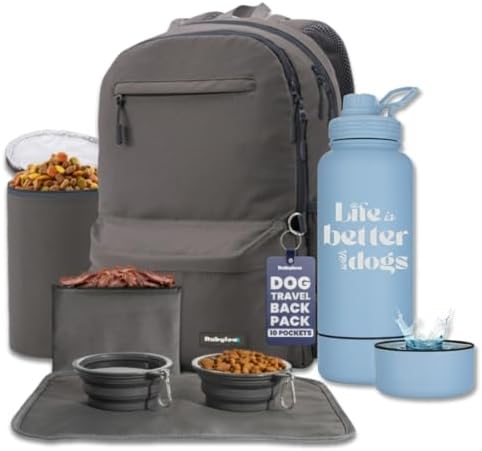 Rubyloo The Original Doggy Bag Backpack (Dark Grey) & 32oz Insulated Water Bottle with Attached 8oz Bowl (Life is Better with Dogs) – Dog Travel Backpack & Hydration Set