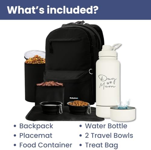 Rubyloo The Original Doggy Bag Backpack (Black) & 32oz Insulated Water Bottle with Attached 8oz Bowl (Dog Mom) – Dog Travel Backpack & Hydration Set