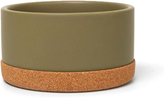 Waggo Corky Bowl – 4 Cup Non-Slip Pet Food and Water Ceramic Dish with Removable Cork Base – Dishwasher & Microwave Safe (Olive)