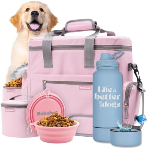 Rubyloo Original Doggy Bag (Pink) & 32oz Insulated Water Bottle with Attached 8oz Bowl (Life is Better with Dogs) – Dog Travel Bag & Hydration Set