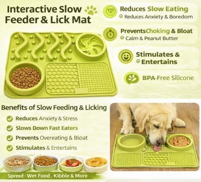 Silicone Dog Feeding Mat – Spill Proof & Non Slip Pet Food Mat with Slow Feeder & Lick Pad – Bowl Holder for Messy Eaters, Waterproof, Dishwasher Safe Dog & Cat Bowl Mat (12 x 8 Inch, Green)