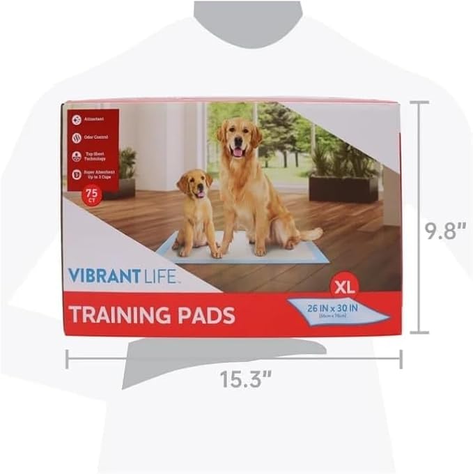 Vibrant Life Training Pads – Super Absorbent, Leak Proof, & Fast Dry Dog and Puppy Pee Pads ~ XL 26 in x 30 in ~ (75 Count) ~ (1 Pack)