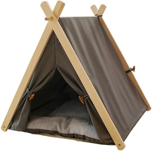 Solid Wood Cat Indoor Tent with Thick Mat,Portable Dog House Dog Teepee Tent,Cute Cat Teepee Cave Cat Bed,Dog Bed (Grey)
