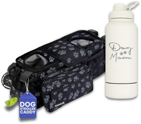 rubyloo Dog Stroller Caddy Organizer (Paw Print) & 32 oz Insulated Water Bottle with Attached 8 oz Bowl (Dog Mom) – Stroller Organizer & Hydration Set