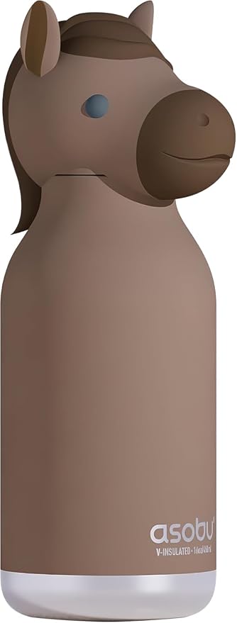 asobu Bestie Bottle Insulated Stainless Steel Water Bottle with Detachable Soft Animal Head Fun Drinking For Kids and Teens with Flexible Reusable Straw 16 Ounce (Horse)