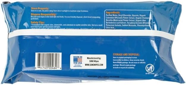 SONO Dog & Cat Grooming Wipes, Propylene Glycol Free, Lick Safe, Preservative Free, Unscented Pet Wipes for Paws Butt Face & Body, Made in USA, Organic Aloe & Chamomile, 7x8 Inch, 200 Count, 2 Pack