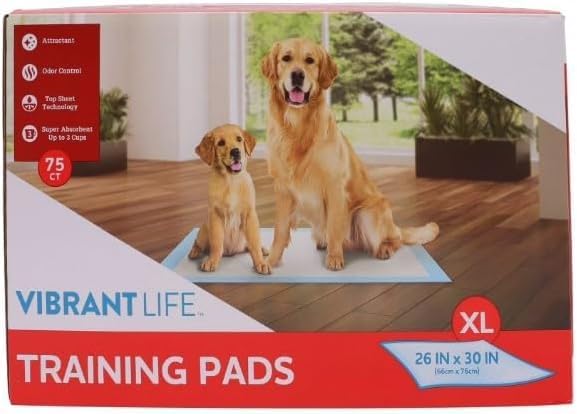 Vibrant Life Training Pads – Super Absorbent, Leak Proof, & Fast Dry Dog and Puppy Pee Pads ~ XL 26 in x 30 in ~ (75 Count) ~ (1 Pack)