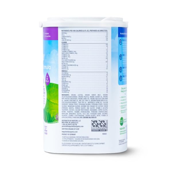 Happy Baby Organics A2 Stage 1 Infant Formula, 0-12 M, USDA Organic, Probiotics & Prebiotics, Iron & DHA, 22.9oz x2