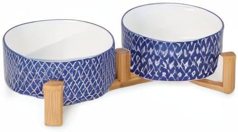Selamica Ceramic 30 OZ Dog Bowls with Wooden Stand, Anti-Slip Dog Dishes Set for Cats & Small Dogs, Weighted Pet Bowls Set of 2, Vintage Blue