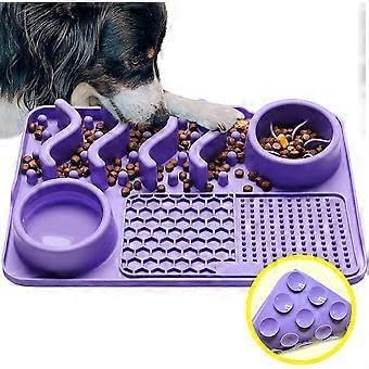 Silicone Dog Feeding Mat with Slow Feeder & Lick Pad for Dogs & Cats – Non-Slip Spill Proof Pet Feeding Mat with Bowl Holder – Dishwasher Safe BPA-Free Silicone – 12 x 8 Inch Purple