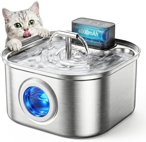 Cordless Cat Water Fountain Stainless Steel, 3.2L/108oz Wireless Battery Operated Pet Water Fountain(4 Filters) +6 Replacement Filters