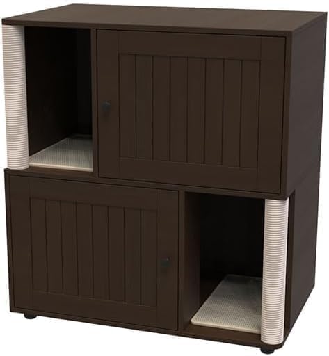 2 Tier Cat Washroom,Modern Farmhouse Double Cat Litter Box Enclosure Furniture,Hidden Cabinet with 2 Scratch Mats & Post, Multi-Functional End Side Table for 2 Cats, Odor-Control Wooden Washroom Cabin