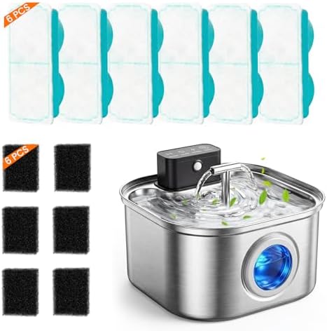 Cordless Cat Water Fountain Stainless Steel, 3.2L/108oz Wireless Battery Operated Pet Water Fountain(4 Filters) +6 Replacement Filters