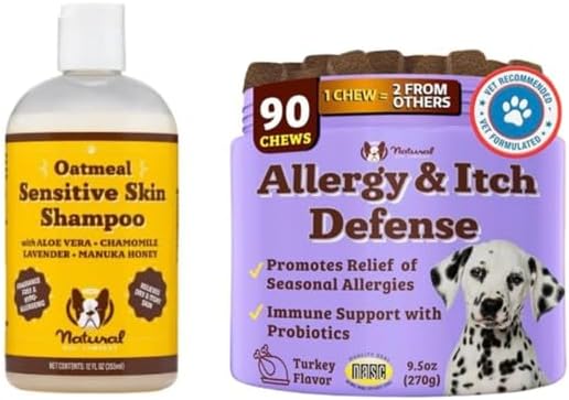 Natural Dog Company Bundle: Allergy & Itchy Defense Chews (90 ct) + Oatmeal Shampoo (12 oz) – Dog Allergy & Itchy DefenseSupport Supplement with Probiotics + Soothing Shampoo for Sensitive Skin
