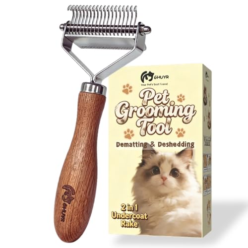 Cat Dematting Comb for Long Haired Cats, 2-in-1 Undercoat Rake for Mats, Tangles & Loose Fur, Double-Sided Grooming Tool