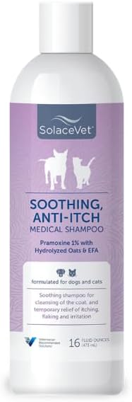 SolaceVet Soothing Anti-Itch Medical Shampoo 16 oz – Veterinarian Recommended Soap-Free Formula for Dogs & Cats with Pramoxine & Hydrolyzed Oats