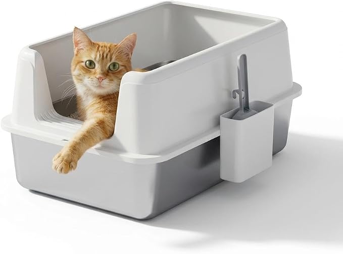 Stainless Steel Cat Litter Box, XL Enclosed Metal Litter Box with Lid & Side Litters Filter, Anti-Leak Non-Stick Design, Includes Scoop for Large Cats 6'' Deep White
