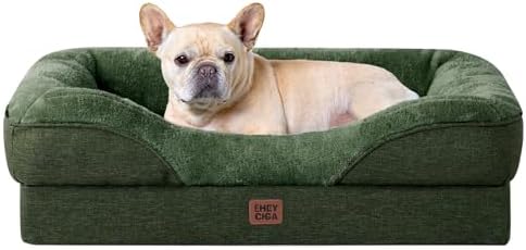 EHEYCIGA Orthopedic Dog Bed for Medium Dog, 30x20 Inch Memory Foam Dog Couch Bed with Sides, Waterproof Liner & Washable Removable Cover, Bolster Pet Sofa, Dark Green
