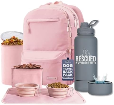 Rubyloo The Original Doggy Bag Backpack (Dusty Pink) & 32oz Insulated Water Bottle with Attached 8oz Bowl (Rescued is My Favorite Breed) – Dog Travel Backpack & Hydration Set