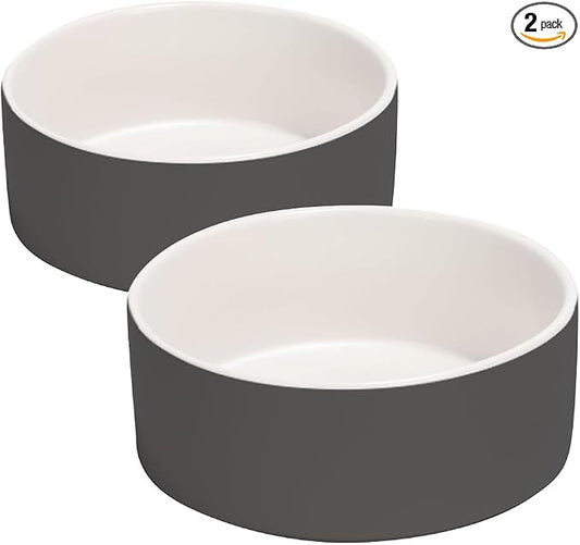 SPUNKYJUNKY 13.5OZ Ceramic Dog and Cat Bowl, Modern Cute Weighted Food Water Bowl for Replacement White-Grey (2 Pack)