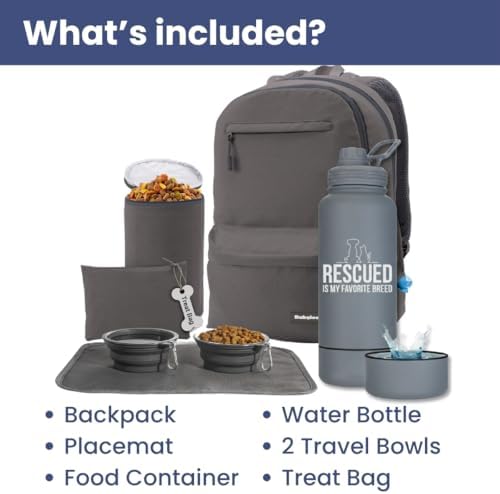 Rubyloo The Original Doggy Bag Backpack (Dark Grey) & 32oz Insulated Water Bottle with Attached 8oz Bowl (Rescued is My Favorite Breed) – Dog Travel Backpack & Hydration Set