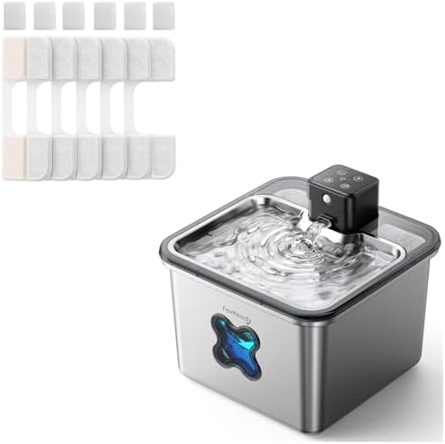 Cat Water Fountain Stainless Steel Visual Filter Cordless Battery Operated Water Fountain for Cats Indoor - 3.2L & 6 Pack Replacement Filters + 6 Pump Sponges