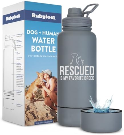 Rubyloo Original Doggy Bag (Charcoal) & 32oz Insulated Water Bottle with Attached 8oz Bowl (Rescued is My Favorite Breed) – Dog Travel Bag & Hydration Set