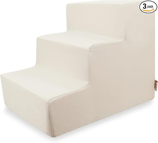 Best Pet Supplies Dog Stairs & Steps - Foam Steps for Small Dogs & Cats, Non-Slip Indoor Balanced Pet Step Support, Dog Ramp, No Assembly, Ivory, 3-Step (13.5-inch Height)