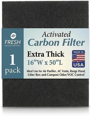 Fresh Headquarters Activated Carbon Filter Sheet – 16"W x 50"L Extra Thick Cut to Fit Air Filters | Charcoal Filter Sheets for Air Purifier, AC Vent, Range Hood, Litter Box & Odor VOC Control