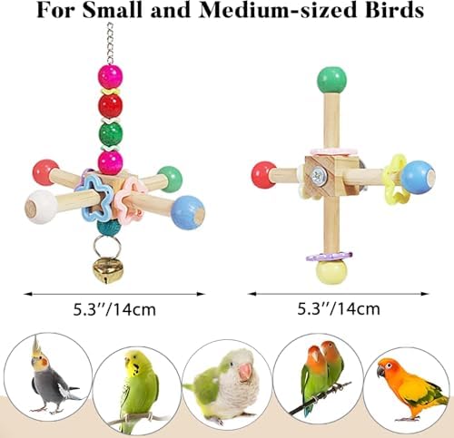 2PCS Natural Wood Bird Spinner Toys & 6-Ring Swing Set - Chewing Hanging Toys with Bells & Cotton Rope Swing for Cockatiel, Conure, Lovebird, Budgie, Quaker