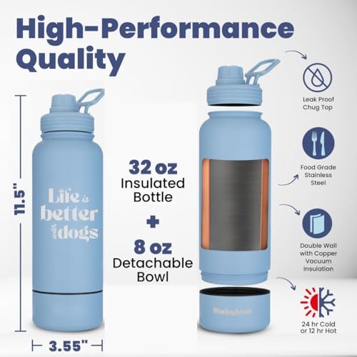 Rubyloo Original Doggy Bag (Paw Print) & 32oz Insulated Water Bottle with Attached 8oz Bowl (Life is Better with Dogs) – Dog Travel Bag & Hydration Set