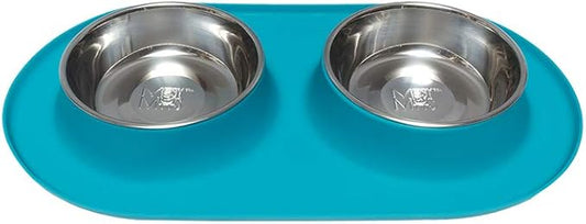 Messy Mutts Double Silicone Feeder with Stainless Bowls | Non-Skid Food Dishes for Dogs for All Pets | Dog Food Bowls | Large, 3 Cups Per Bowl | Blue