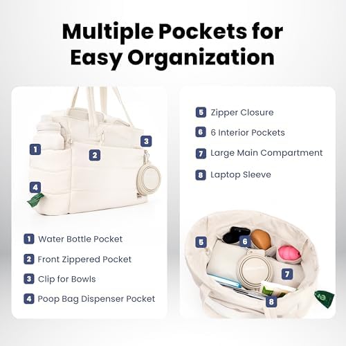 Rubyloo Dog Mom Essentials Bundle - Puffer Tote with Storage Containers (Beige) and 32 oz Water Bottle with Detachable Bowl (Dog Mom) - Travel Bag and Hydration Set