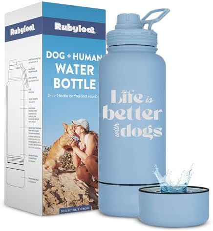 Rubyloo Original Doggy Bag (Paw Print) & 32oz Insulated Water Bottle with Attached 8oz Bowl (Life is Better with Dogs) – Dog Travel Bag & Hydration Set