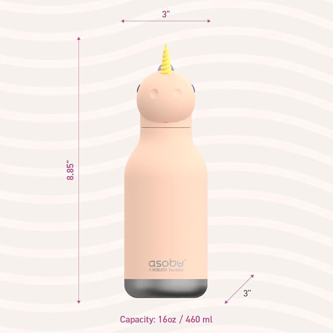 asobu Bestie Bottle Insulated Stainless Steel Water Bottle with Detachable Soft Animal Head Fun Drinking For Kids and Teens with Flexible Reusable Straw 16 Ounce
