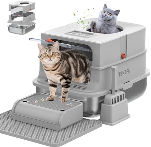 Stainless Steel Litter Box with Lid,Top Entry Litter Box, Extra Large Cat Litter Box,High Sided, Anti-Urine Leakage, Non-Stick Bottom Comes with Litter Mat & Metal Scoop,Grey